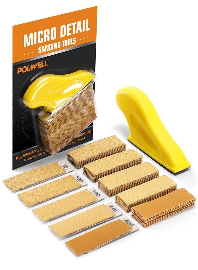 POLIWELL Micro Sander Kit 3.5” x 1” Mini Sander for Small Projects, Detail Handle Sanding Tools + Sandpaper 80 120 180 240 400 Grit for DIY Crafts Wood Finishing Tight Narrow Spaces Polishing, 50 PCS - Image 1